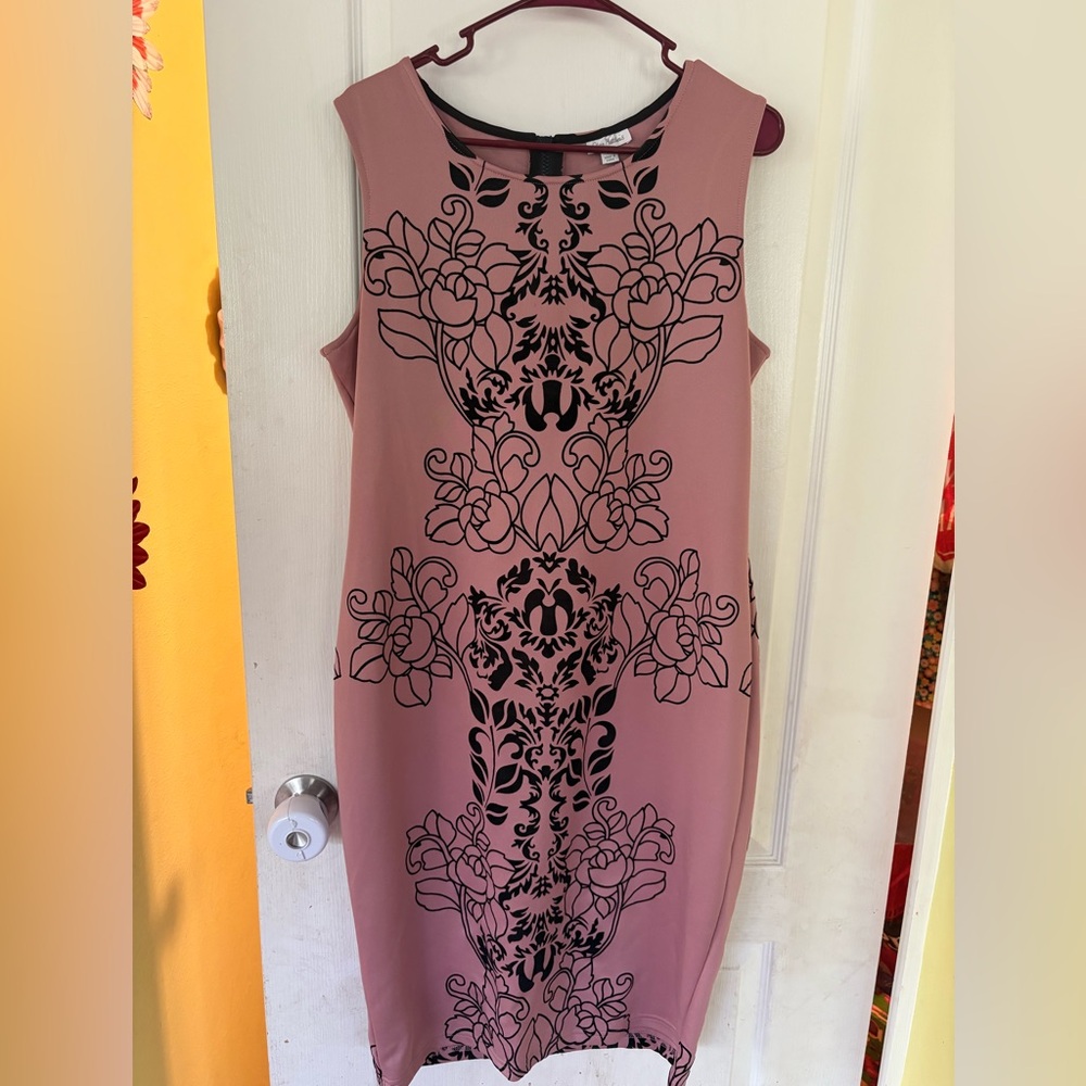 Olivia Matthews Pink Floral stretchy pencil Dress size XL art deco midi